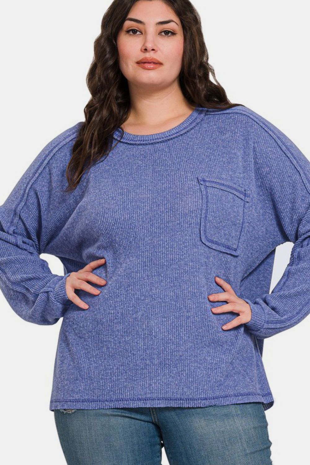 Zenana Full Size Contrast Stitching Brushed Ribbed Hacci Knit Top-110 Long Sleeve Tops-Inspired by Justeen-Women's Clothing Boutique