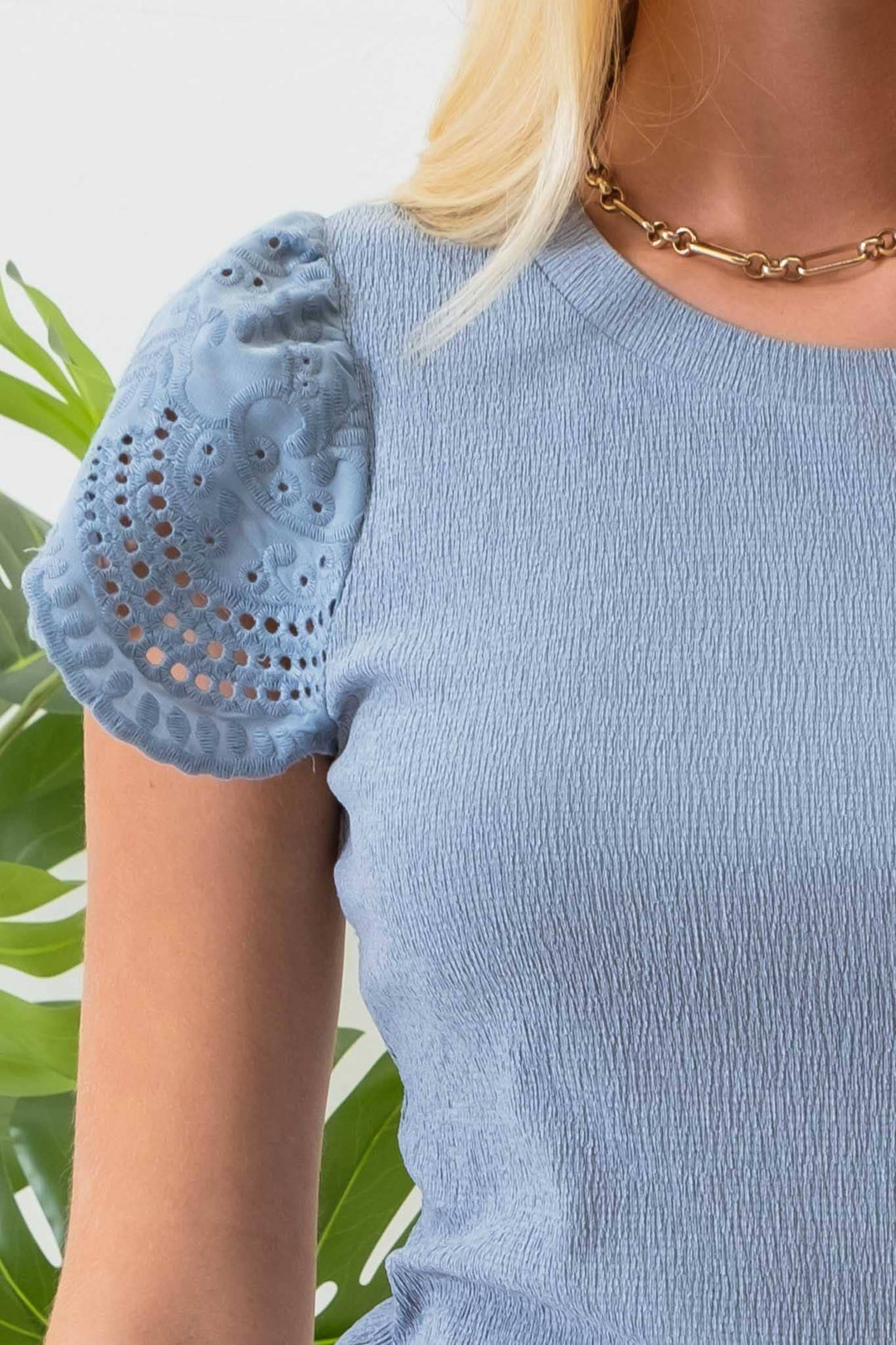 Nina Eyelet Contrast Sleeve Top, Denim Blue-100 Short Sleeve Tops-Inspired by Justeen-Women's Clothing Boutique in Chicago, Illinois