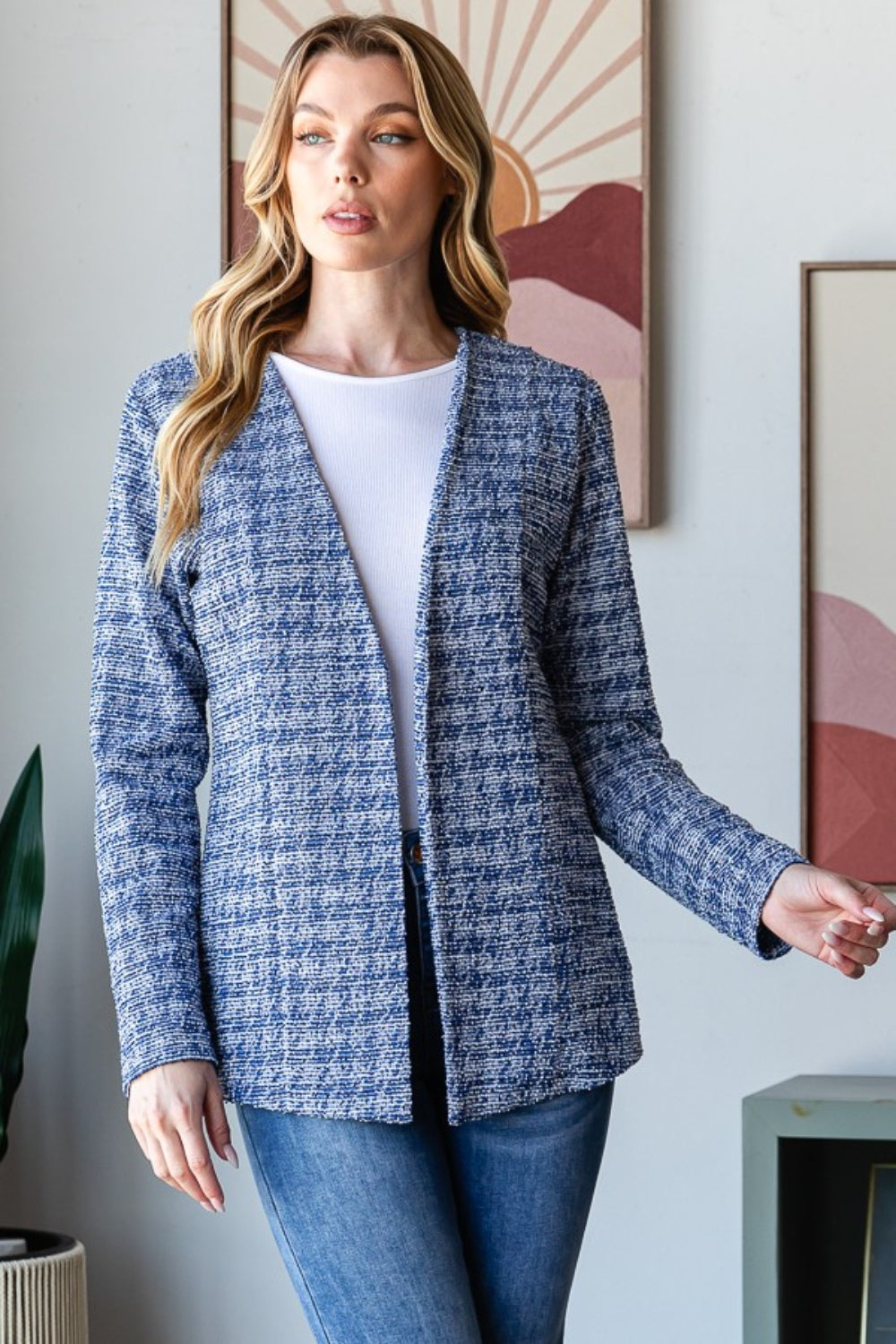 Heimish Full Size Houndstooth Tweed Open Front Blazer-Outerwear-Inspired by Justeen-Women's Clothing Boutique