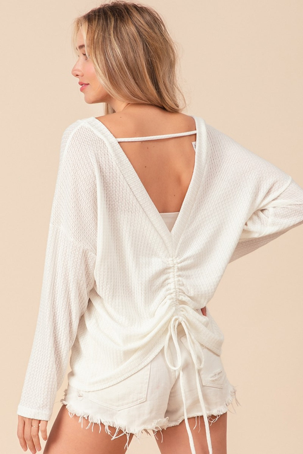 BiBi Waffled Backless Drawstring T-Shirt-110 Long Sleeve Tops-Inspired by Justeen-Women's Clothing Boutique in Chicago, Illinois