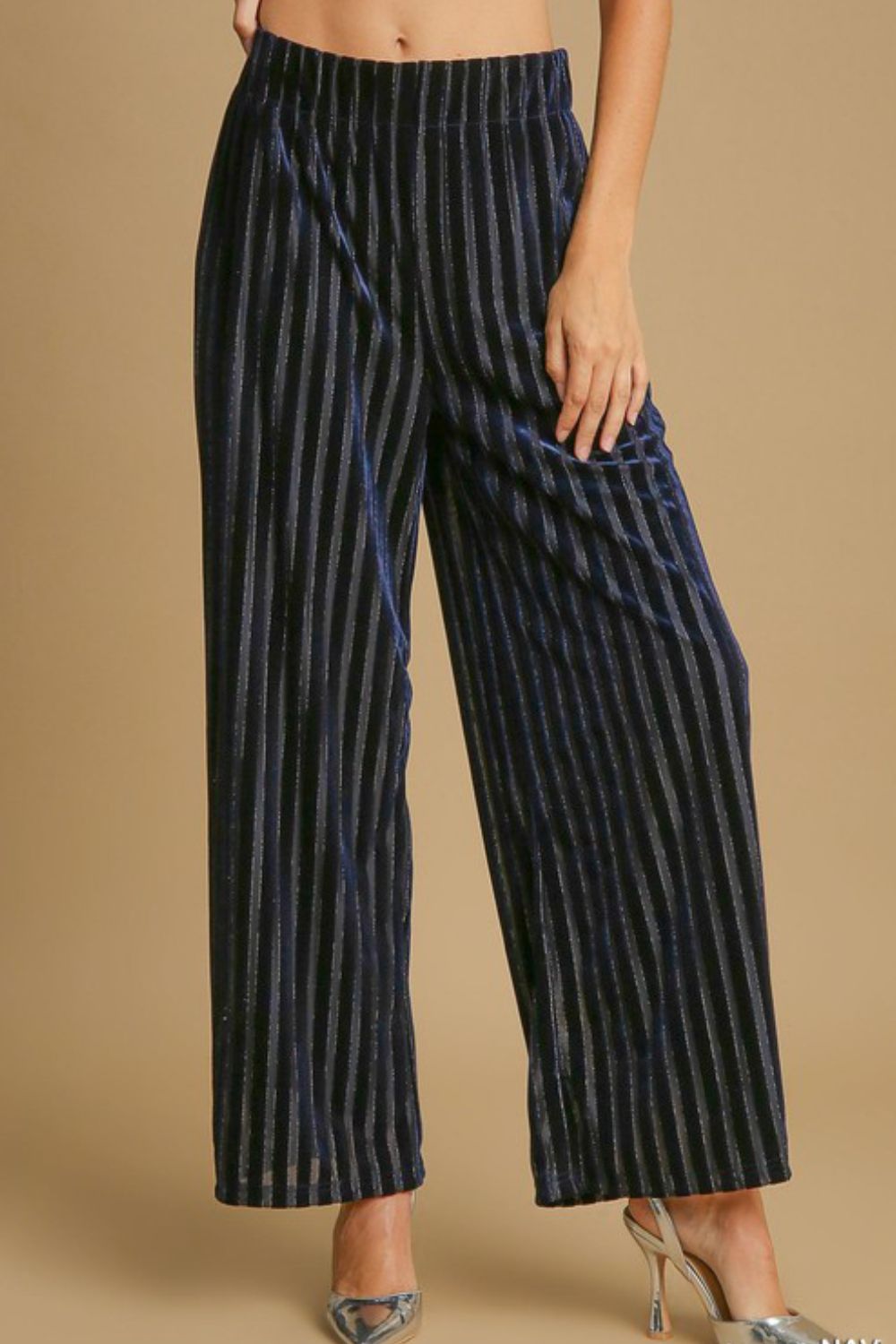 Umgee Full Size Elastic Waist Striped Wide Leg Velvet Pants-Pants-Inspired by Justeen-Women's Clothing Boutique