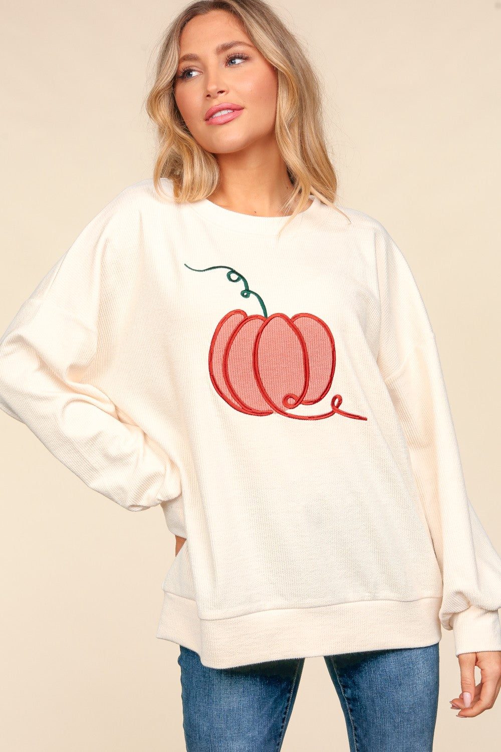 Haptics Full Size Embroidery Pumpkin Long Sleeve Knit Top-110 Long Sleeve Tops-Inspired by Justeen-Women's Clothing Boutique