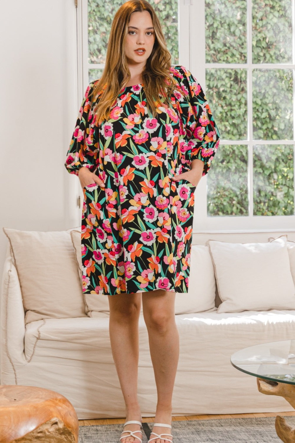 ODDI Full Size Floral Puff Sleeve Mini Dress-Dresses-Inspired by Justeen-Women's Clothing Boutique in Chicago, Illinois