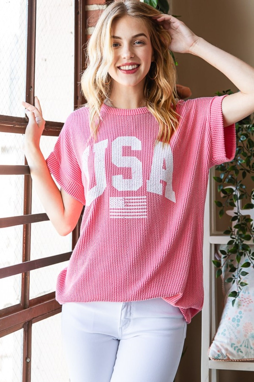 Heimish Full Size USA Graphic Short Sleeve Ribbed Top-100 Short Sleeve Tops-Inspired by Justeen-Women's Clothing Boutique