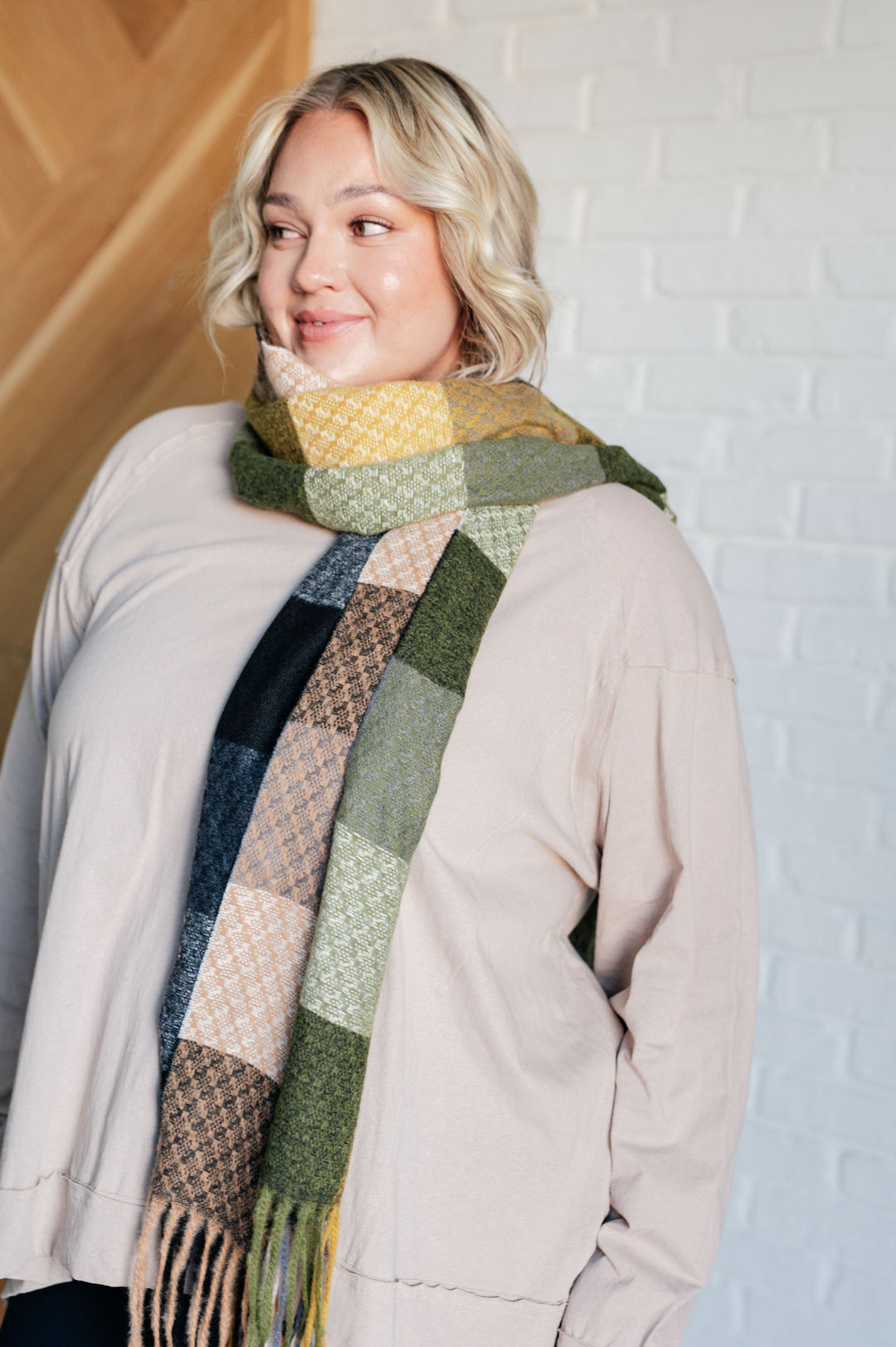 Keep Me Cozy Checkered Fringe Scarf in Woodland Shades-220 Beauty/Gift-Inspired by Justeen-Women's Clothing Boutique