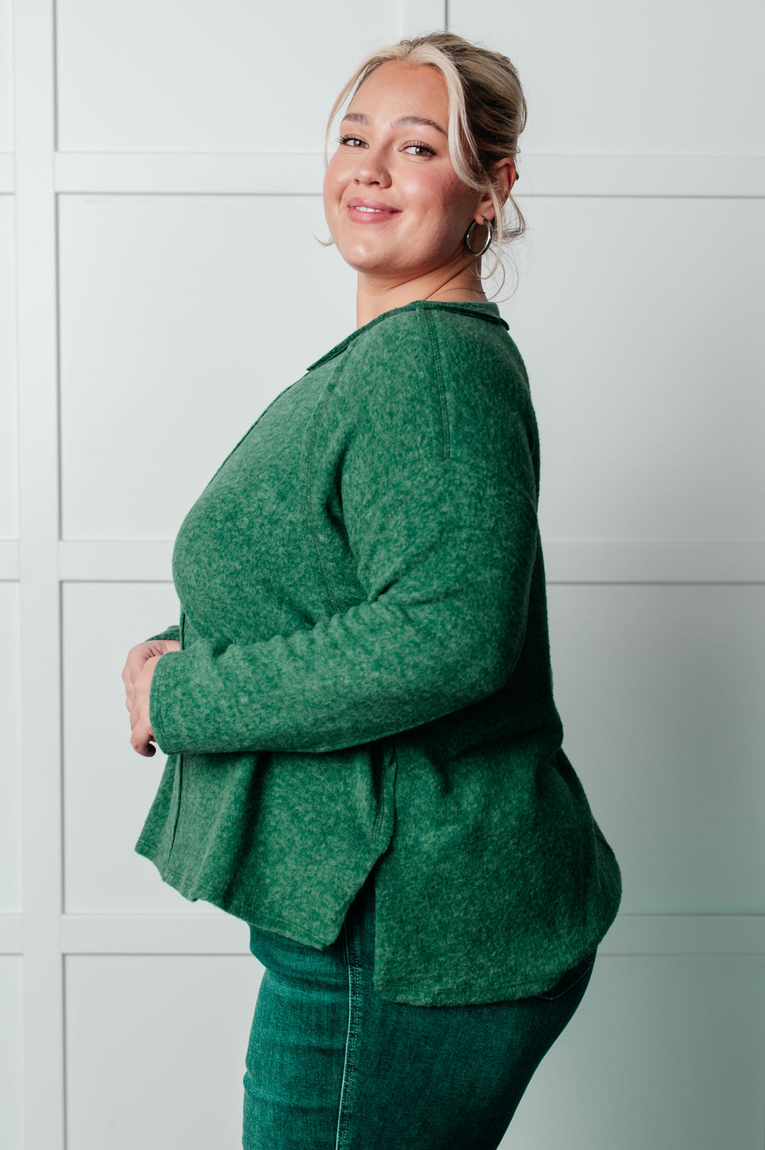 Simple Silhouette Brushed Hacci Sweater in Dark Green-Sweaters/Sweatshirts-Inspired by Justeen-Women's Clothing Boutique