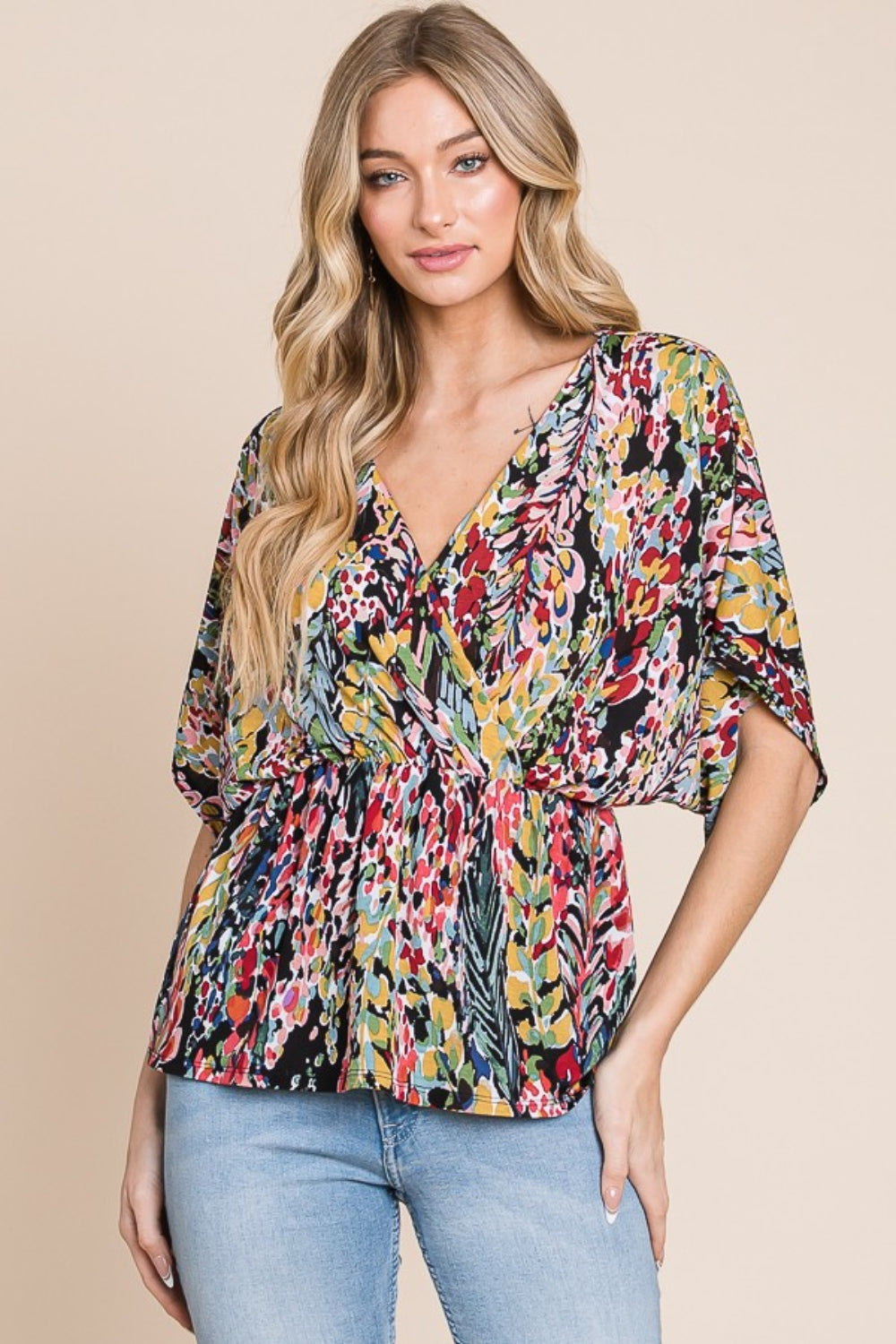 BOMBOM Printed Surplice Peplum Blouse-Short Sleeve Tops-Inspired by Justeen-Women's Clothing Boutique in Chicago, Illinois