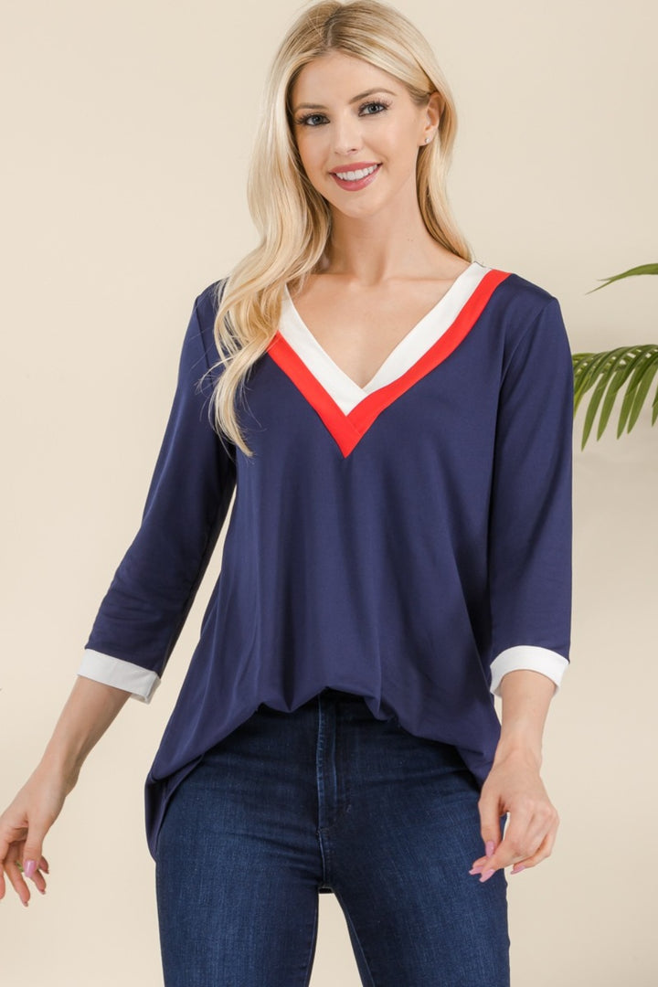 Celeste Full Size Celeste Full Size V-Neck Contrast T-Shirt-110 Long Sleeve Tops-Inspired by Justeen-Women's Clothing Boutique