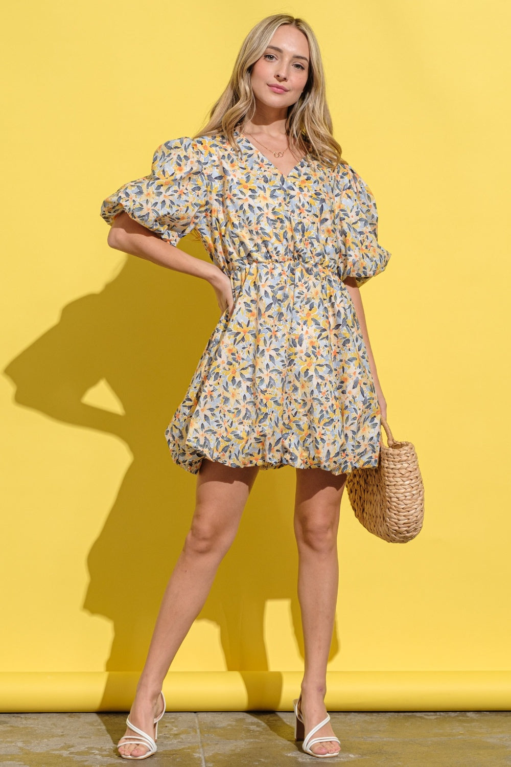 And The Why Full Size Floral Surplice Puff Sleeve Dress-Dresses-Inspired by Justeen-Women's Clothing Boutique