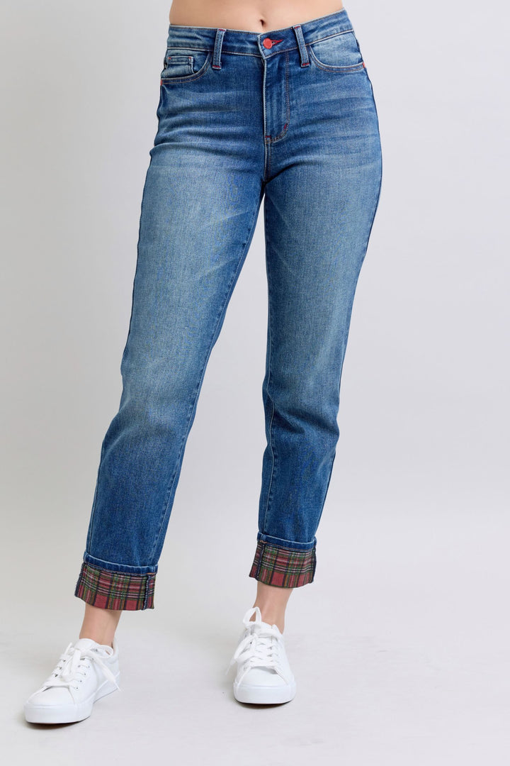 Judy Blue Full Size Plaid Print Cuff Straight Leg Jeans with Pockets-Denim-Inspired by Justeen-Women's Clothing Boutique