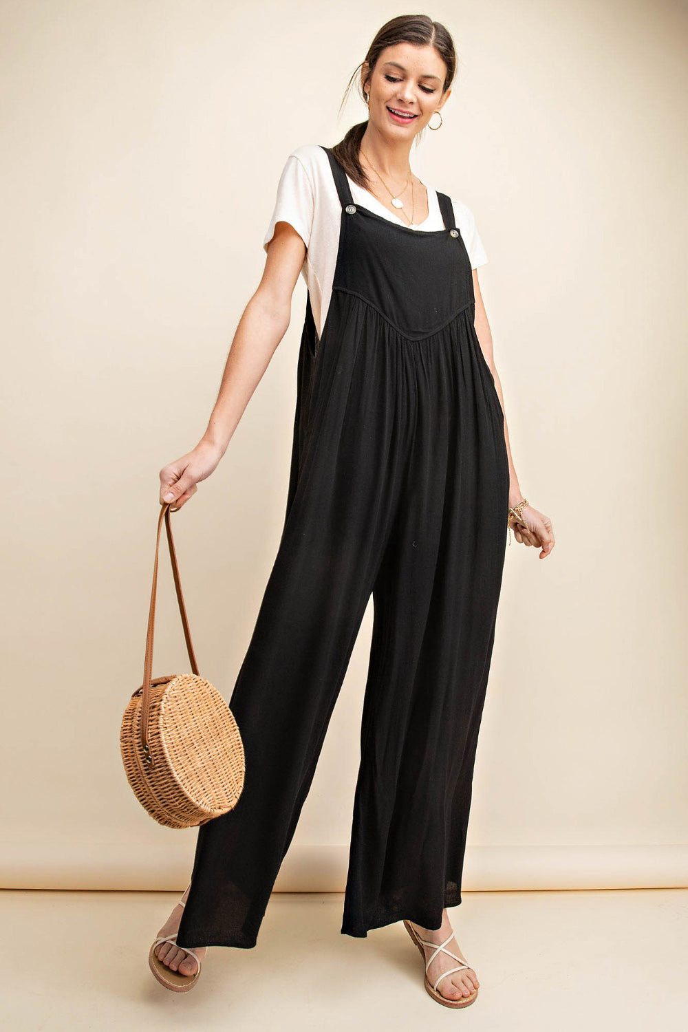 Kori America Full Size Sleeveless Ruched Wide Leg Overalls-Jumpsuits-Inspired by Justeen-Women's Clothing Boutique