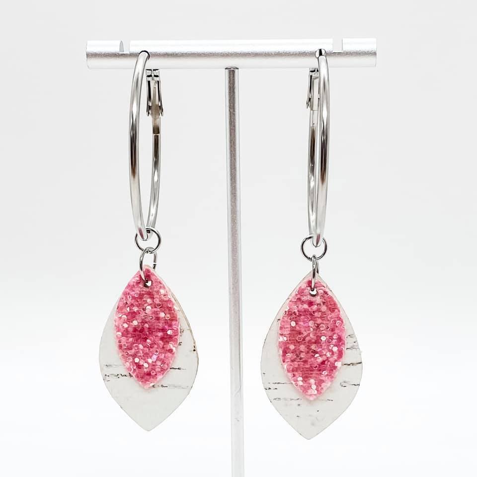 3.25" Pink Glitter & White Corkie Hoops -Earrings-Earrings-Inspired by Justeen-Women's Clothing Boutique