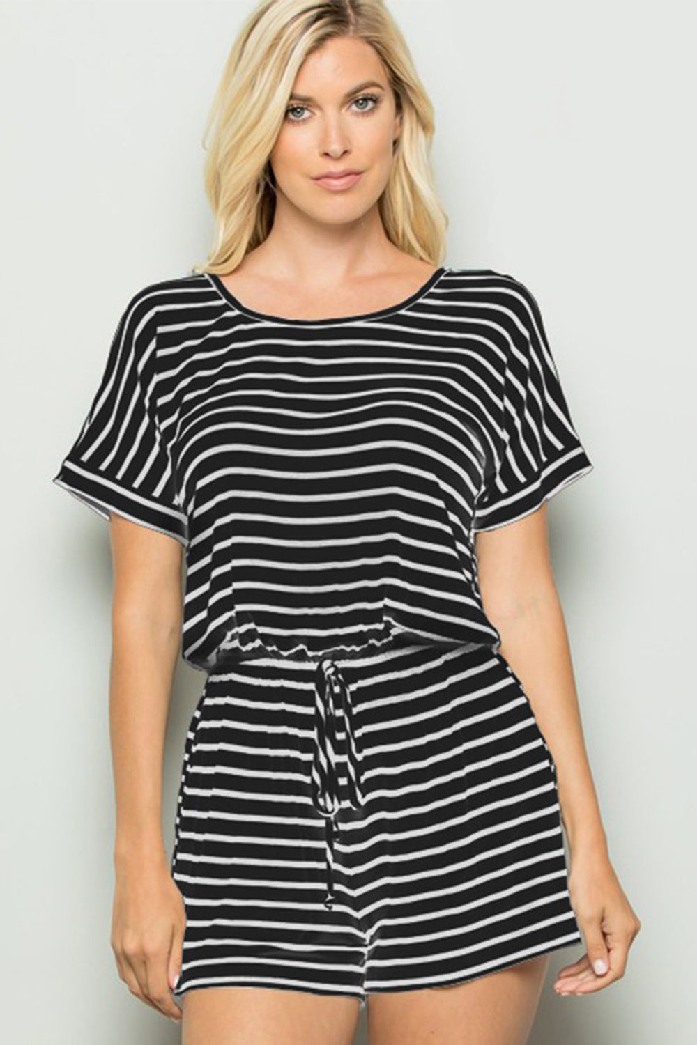 Heimish Full Size Striped Round Neck Short Sleeve Romper-Jumpsuits & Rompers-Inspired by Justeen-Women's Clothing Boutique in Chicago, Illinois