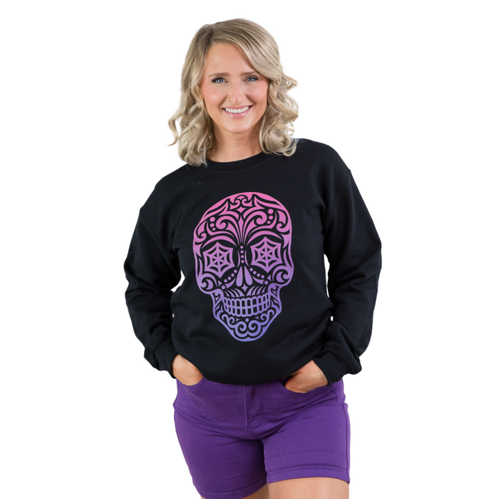 Magenta Sugar Skull Crewneck-BT Graphic Tee-Inspired by Justeen-Women's Clothing Boutique