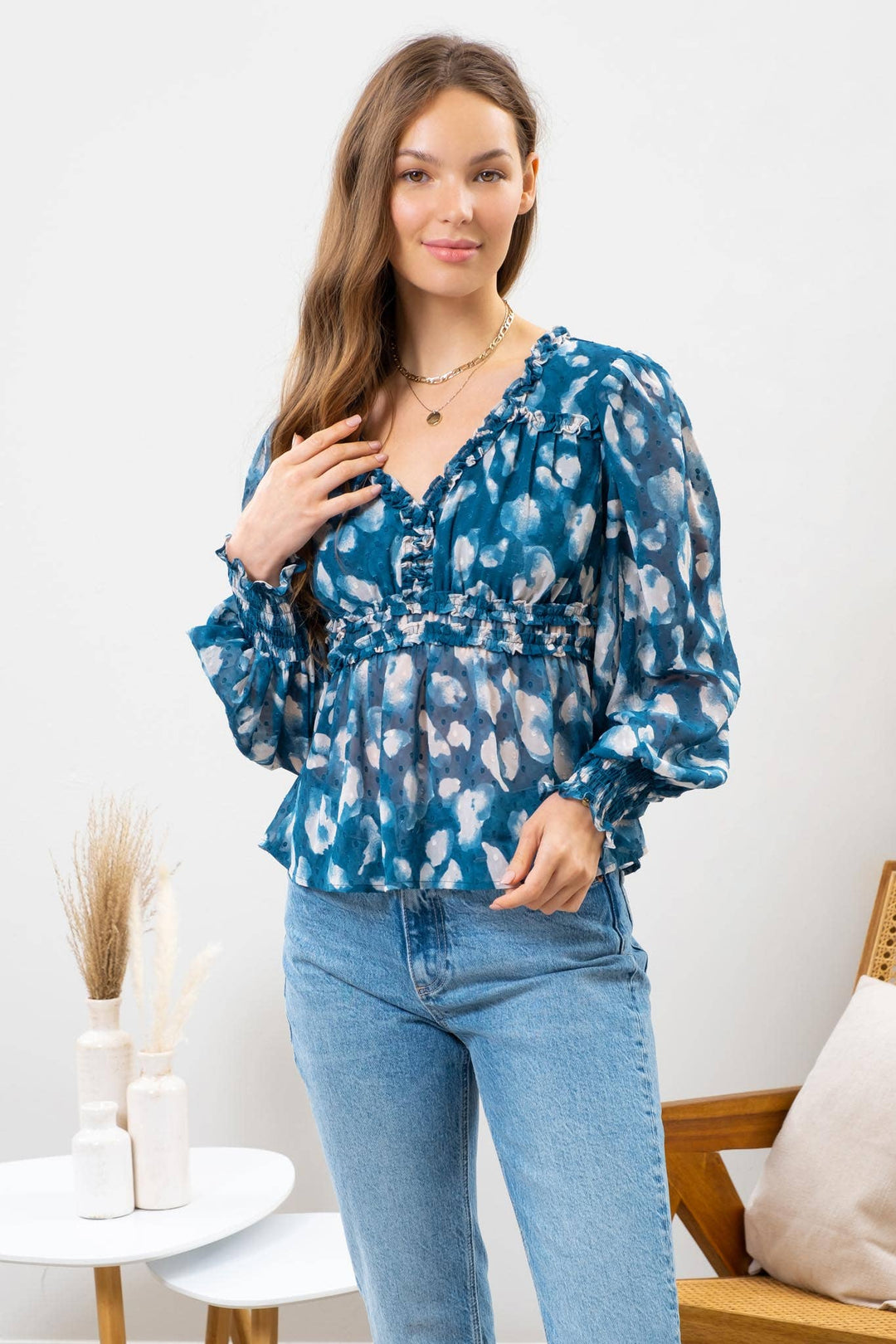 Catalina Empire Waist Top, Teal Multi-110 Long Sleeve Tops-Inspired by Justeen-Women's Clothing Boutique in Chicago, Illinois