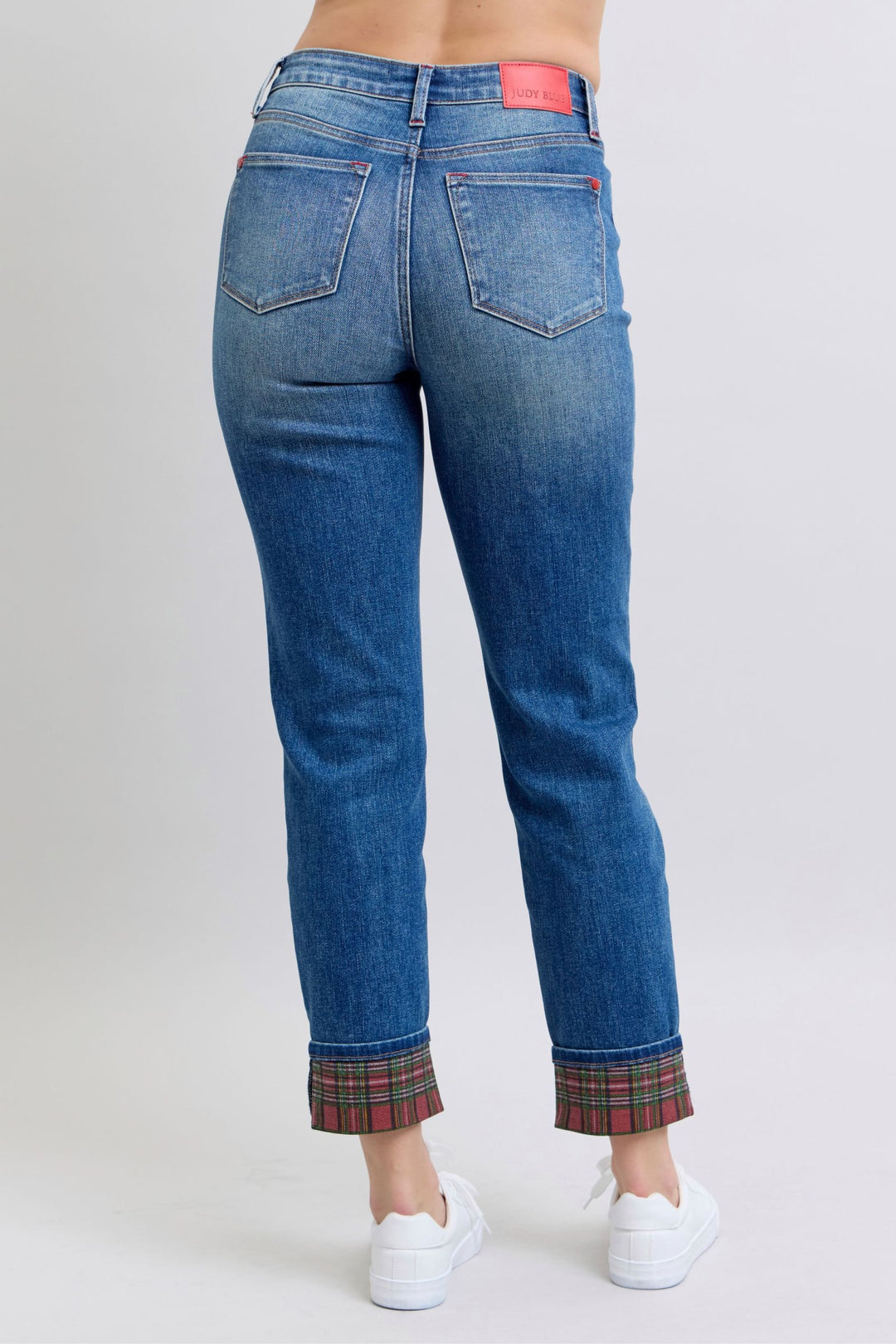 Judy Blue Full Size Plaid Print Cuff Straight Leg Jeans with Pockets-Denim-Inspired by Justeen-Women's Clothing Boutique