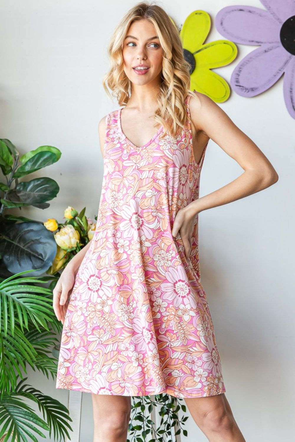 Heimish Full Size Floral V-Neck Tank Dress with Pockets-Dresses-Inspired by Justeen-Women's Clothing Boutique in Chicago, Illinois