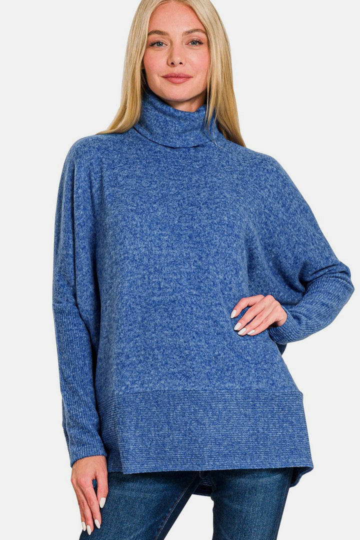 Zenana Full Size Brushed Melange Hacci Turtleneck Sweater-Sweaters/Sweatshirts-Inspired by Justeen-Women's Clothing Boutique