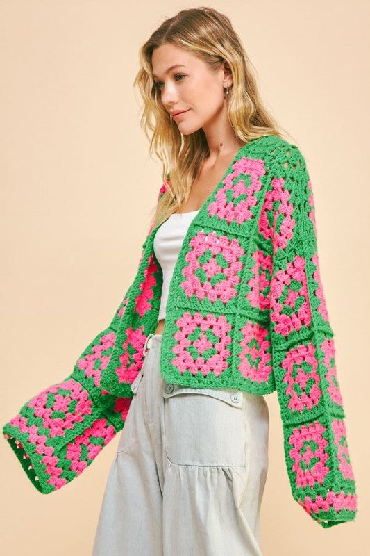 Davi & Dani Full Size Two Tone Flower Square Crochet Open Front Cardigan-Cardigans + Kimonos-Inspired by Justeen-Women's Clothing Boutique