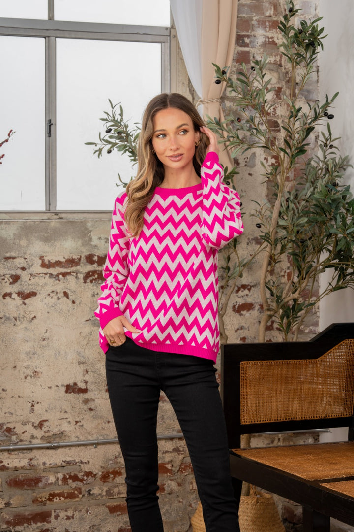 Sew In Love Full Size Wave Stripe Contrast Long Sleeve Sweater-Sweaters/Sweatshirts-Inspired by Justeen-Women's Clothing Boutique