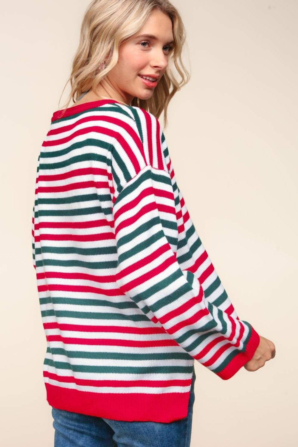 Haptics Full Size Striped Contrast Side Slit Knit Top-Sweaters/Sweatshirts-Inspired by Justeen-Women's Clothing Boutique