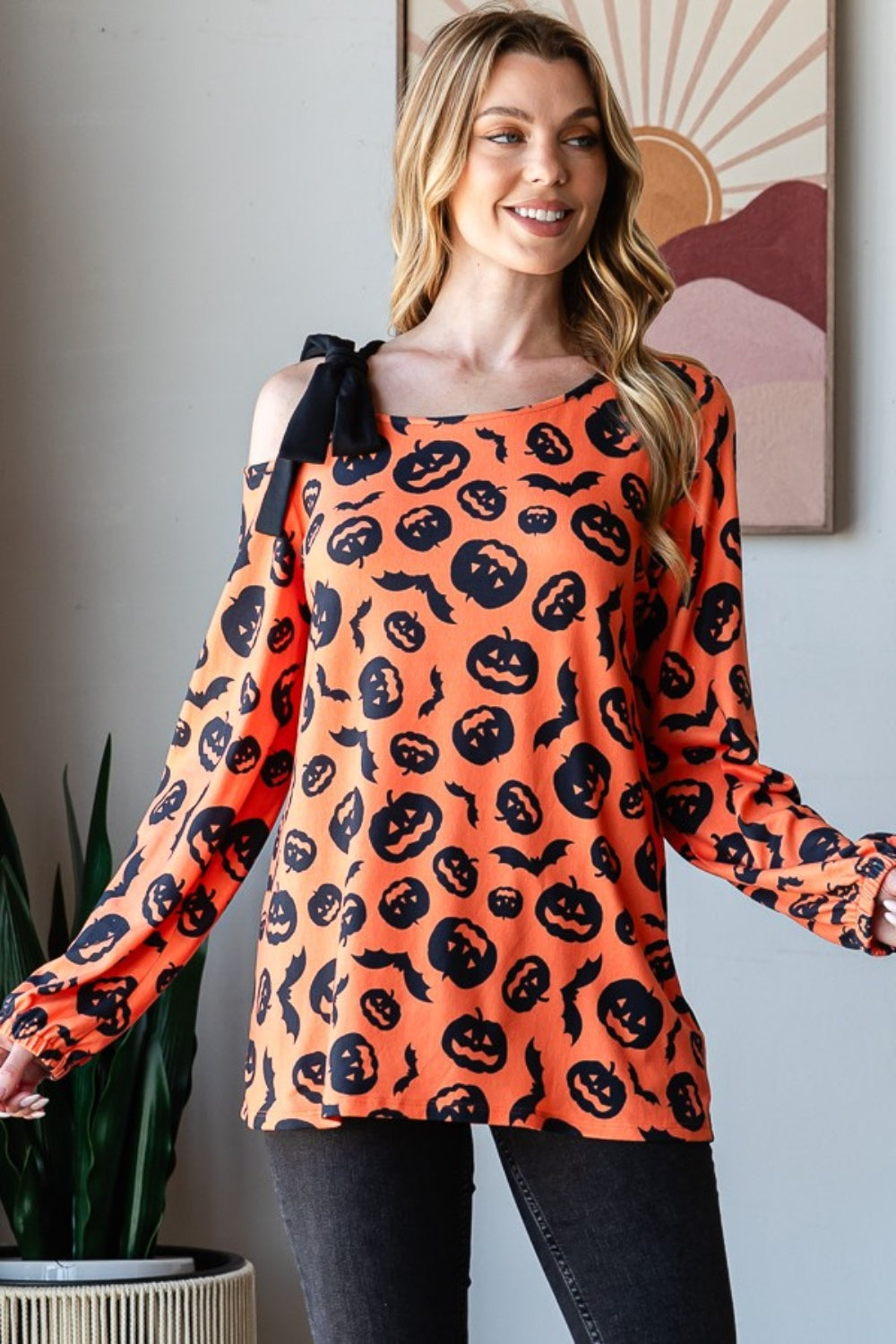 Heimish Pumpkin Print One Shoulder T-Shirt-110 Long Sleeve Tops-Inspired by Justeen-Women's Clothing Boutique