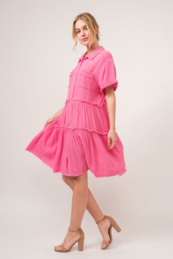 And The Why Full Size Raw Edge Washed Tiered Shirt Dress-Dresses-Inspired by Justeen-Women's Clothing Boutique