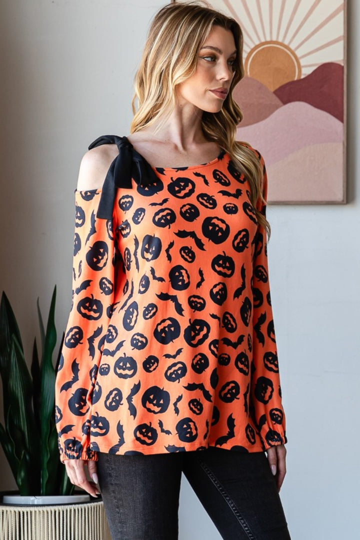 Heimish Pumpkin Print One Shoulder T-Shirt-110 Long Sleeve Tops-Inspired by Justeen-Women's Clothing Boutique