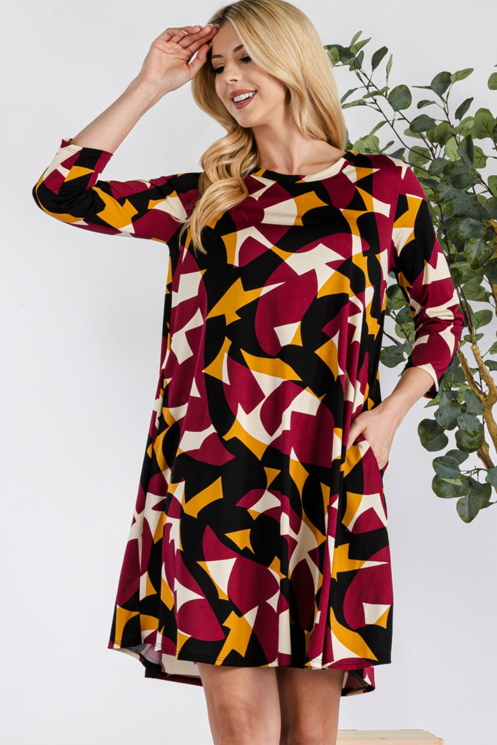 Celeste Full Size Geometric Round Neck Dress with Pockets-Dresses-Inspired by Justeen-Women's Clothing Boutique