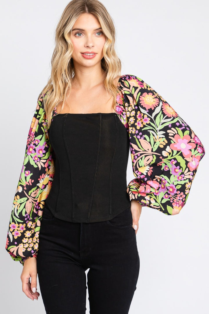 ODDI Full Size Floral Balloon Sleeve Blouse-110 Long Sleeve Tops-Inspired by Justeen-Women's Clothing Boutique in Chicago, Illinois