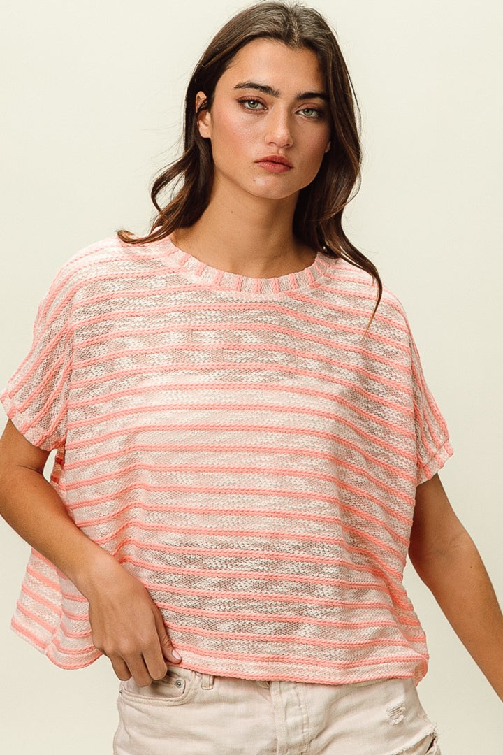 BiBi Braid Striped Short Sleeve Round Neck T-Shirt-100 Short Sleeve Tops-Inspired by Justeen-Women's Clothing Boutique in Chicago, Illinois
