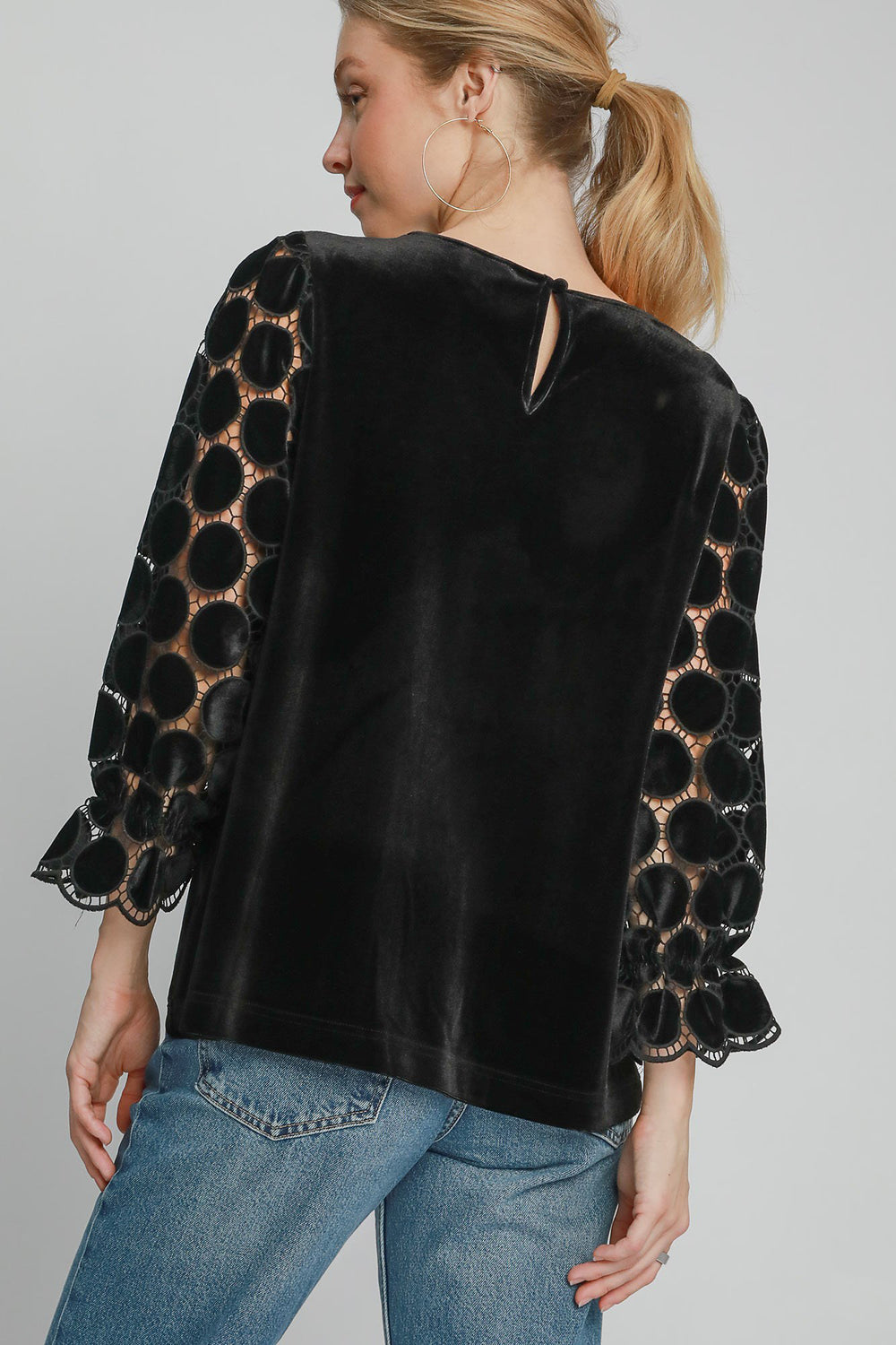 Umgee Polka Dot Lace Long Sleeve Round Neck Blouse-110 Long Sleeve Tops-Inspired by Justeen-Women's Clothing Boutique