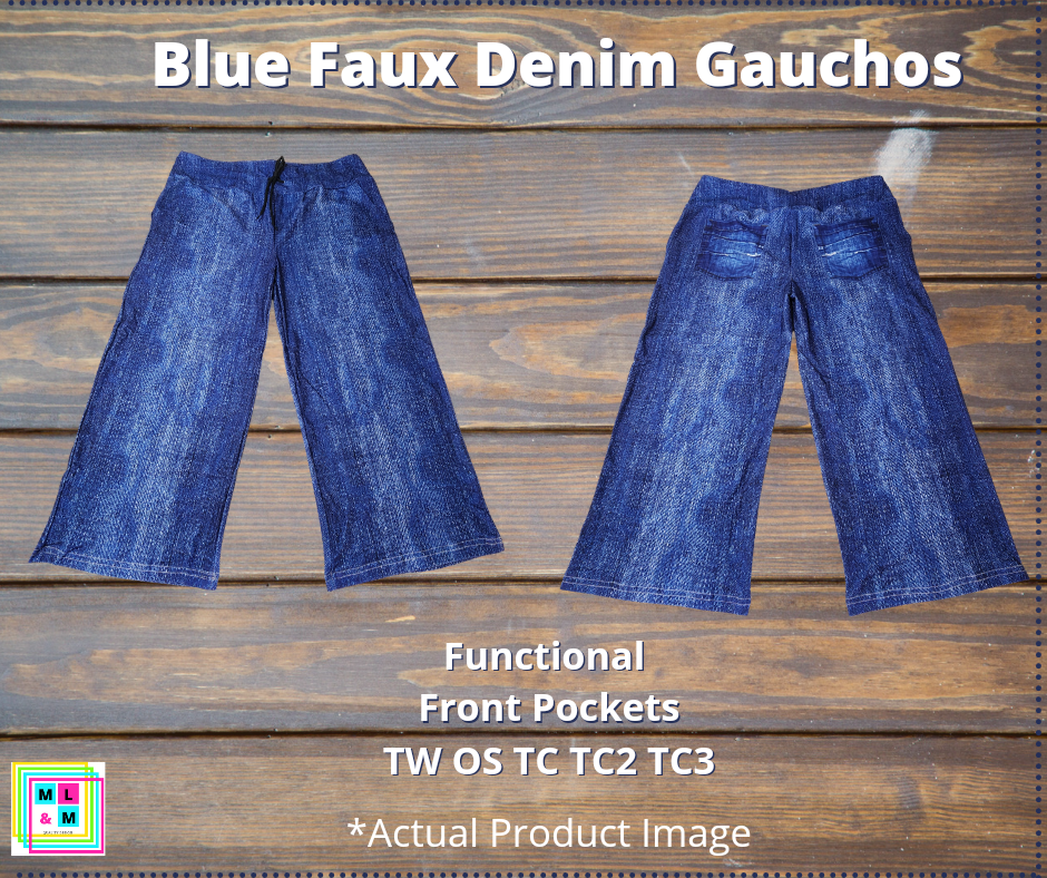 Blue Faux Denim Capri Gauchos-Inspired by Justeen-Women's Clothing Boutique in Chicago, Illinois