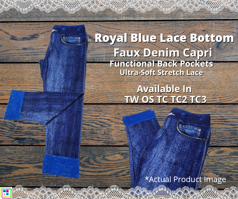 Blue Faux Denim Capris w/ Royal Blue Lace-Leggings-Inspired by Justeen-Women's Clothing Boutique in Chicago, Illinois