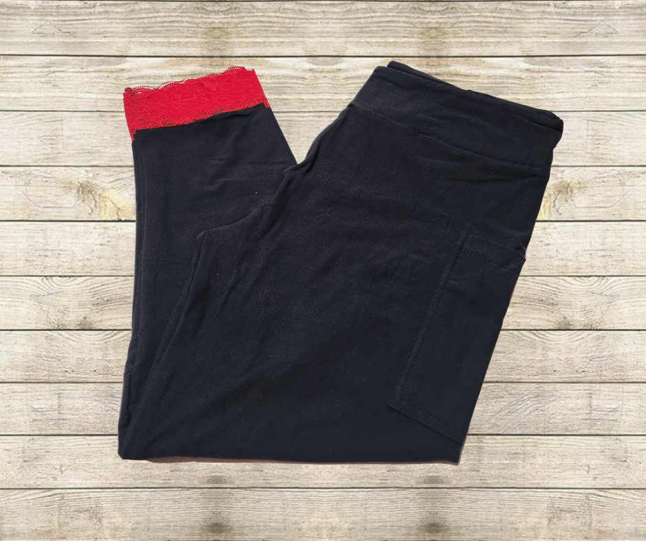 Red Lace Bottom Black Capri Leggings w/ Pockets-Leggings-Inspired by Justeen-Women's Clothing Boutique in Chicago, Illinois