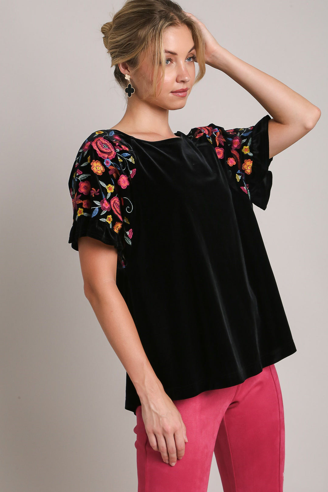 Umgee Full Size Velvet Embroidery Short Sleeve Blouse-100 Short Sleeve Tops-Inspired by Justeen-Women's Clothing Boutique