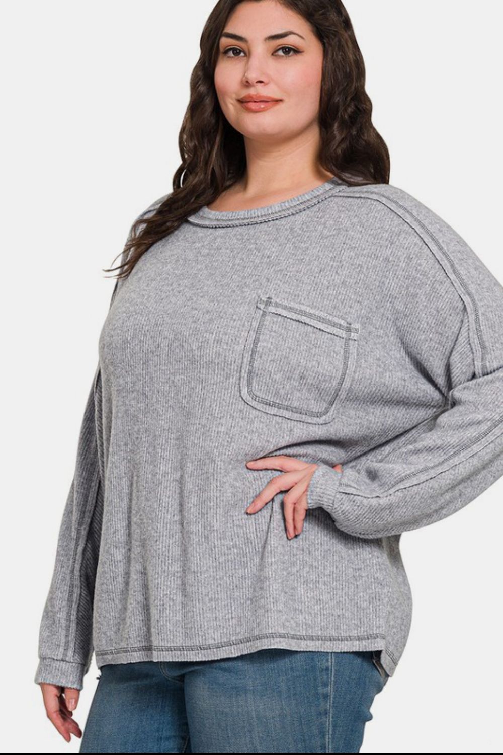 Zenana Full Size Contrast Stitching Brushed Ribbed Hacci Knit Top-110 Long Sleeve Tops-Inspired by Justeen-Women's Clothing Boutique