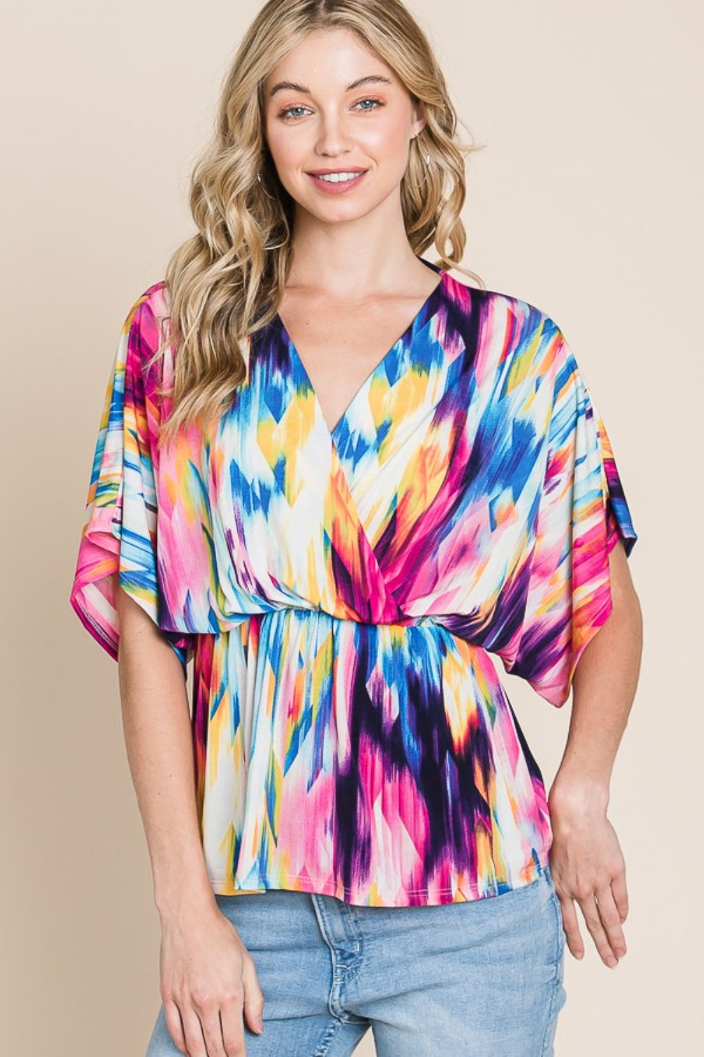 BOMBOM Printed Surplice Peplum Blouse-Short Sleeve Tops-Inspired by Justeen-Women's Clothing Boutique in Chicago, Illinois