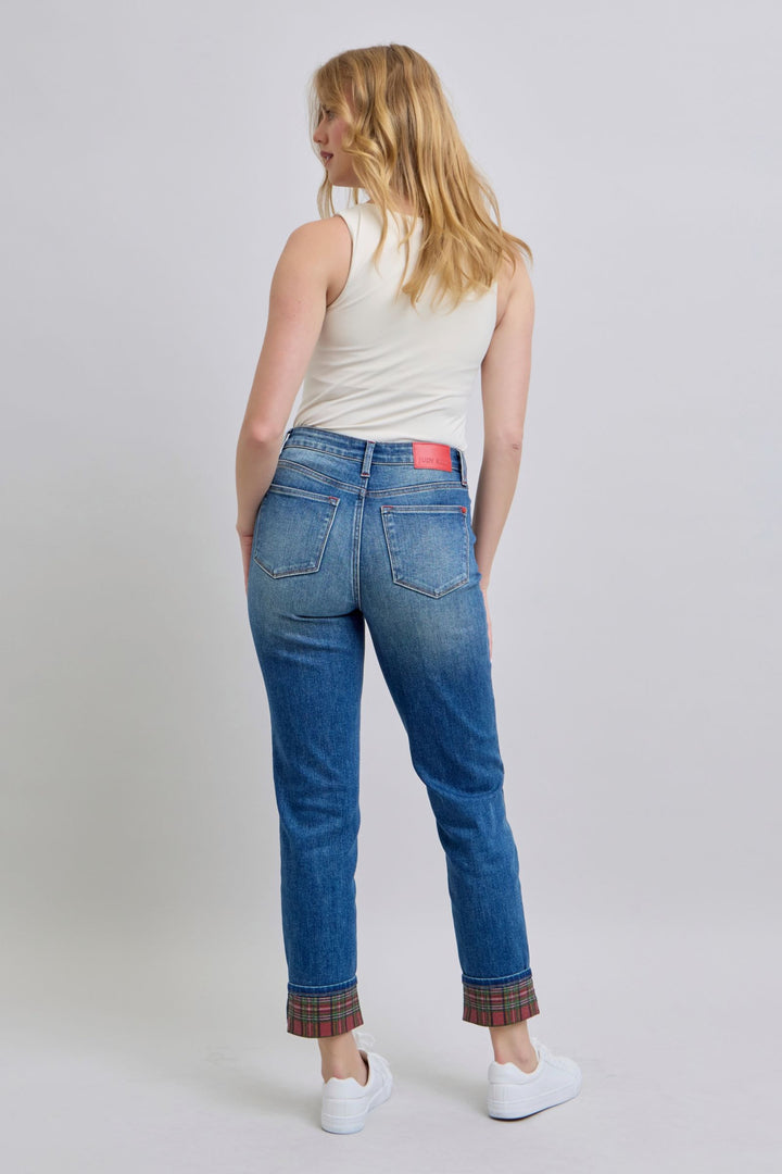 Judy Blue Full Size Plaid Print Cuff Straight Leg Jeans with Pockets-Denim-Inspired by Justeen-Women's Clothing Boutique