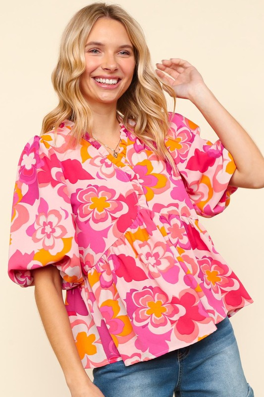 Haptics Full Size Frill Floral Puff Sleeve Blouse-100 Short Sleeve Tops-Inspired by Justeen-Women's Clothing Boutique