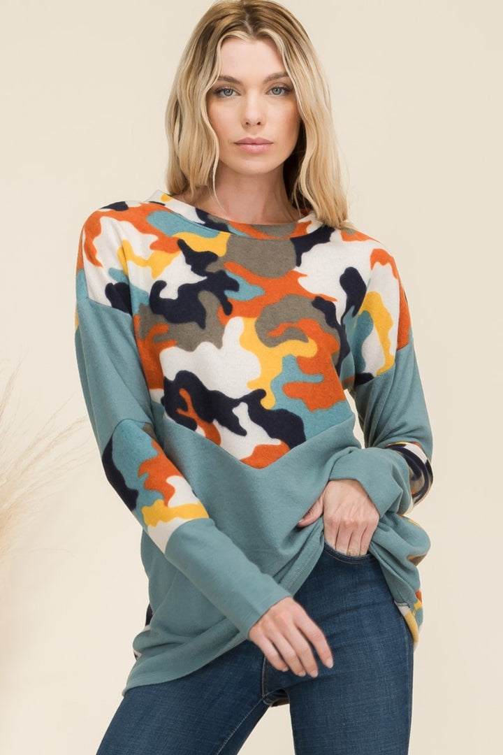 Celeste Full Size Camo Print Contrast Long Sleeve T-Shirt-110 Long Sleeve Tops-Inspired by Justeen-Women's Clothing Boutique