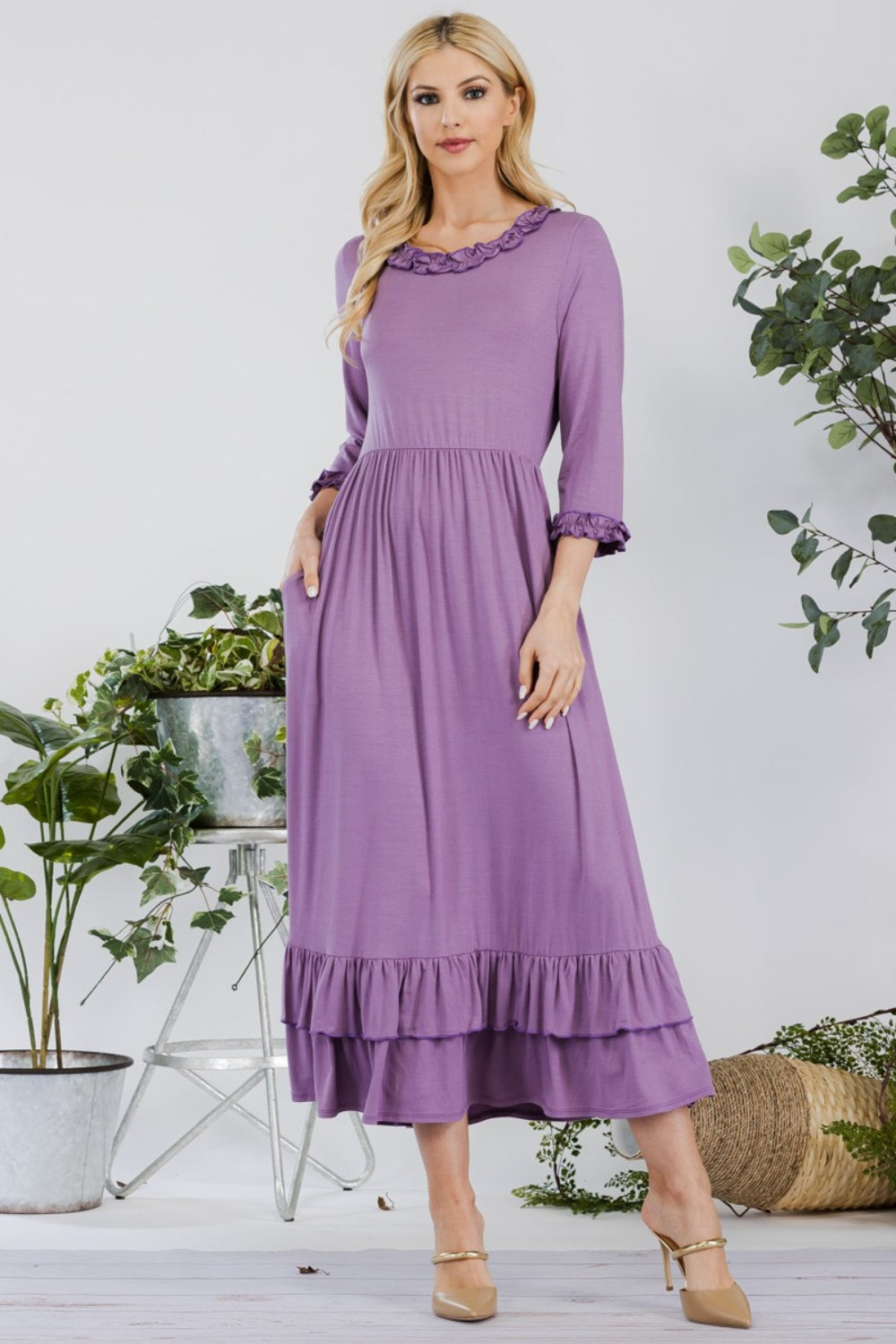 Celeste Full Size Layered Ruffle Hem Dress with Pockets-Dresses-Inspired by Justeen-Women's Clothing Boutique