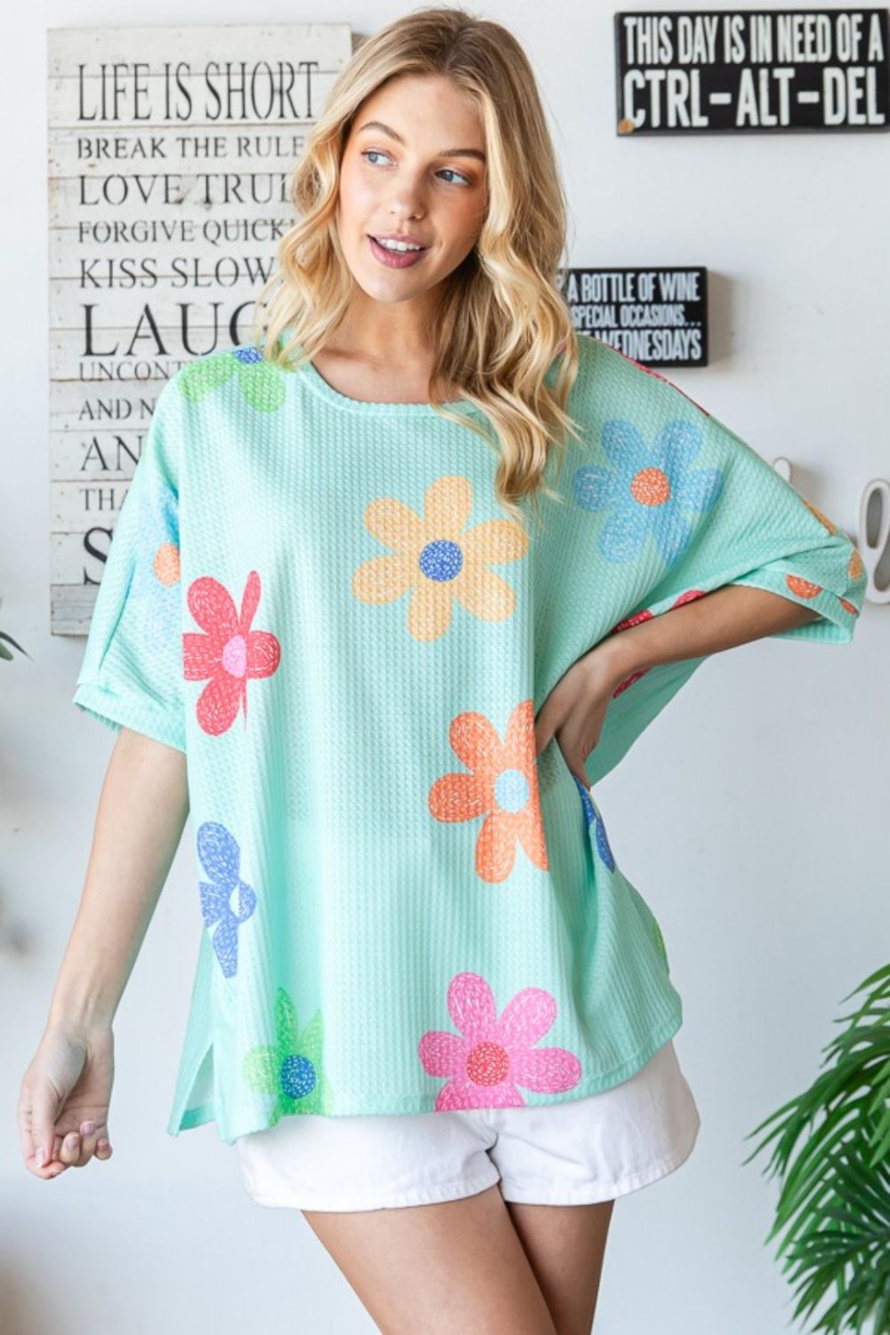 HOPELY Floral Waffle Oversize T-Shirt-100 Short Sleeve Tops-Inspired by Justeen-Women's Clothing Boutique in Chicago, Illinois