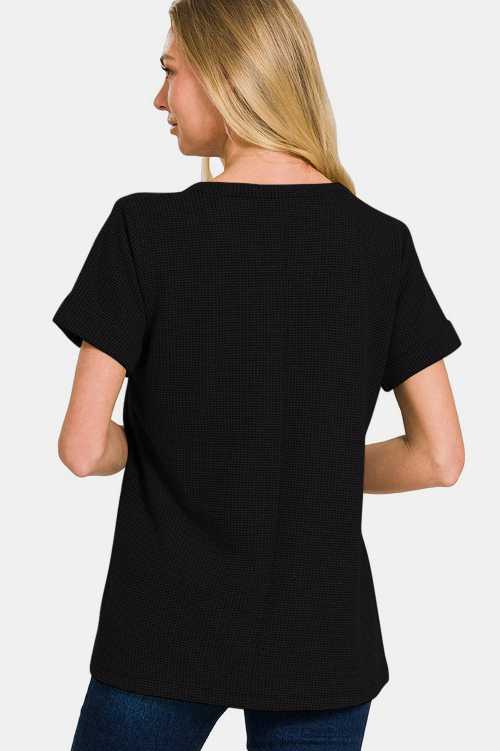 Zenana Notched Short Sleeve Waffle T-Shirt-Short Sleeve Tops-Inspired by Justeen-Women's Clothing Boutique