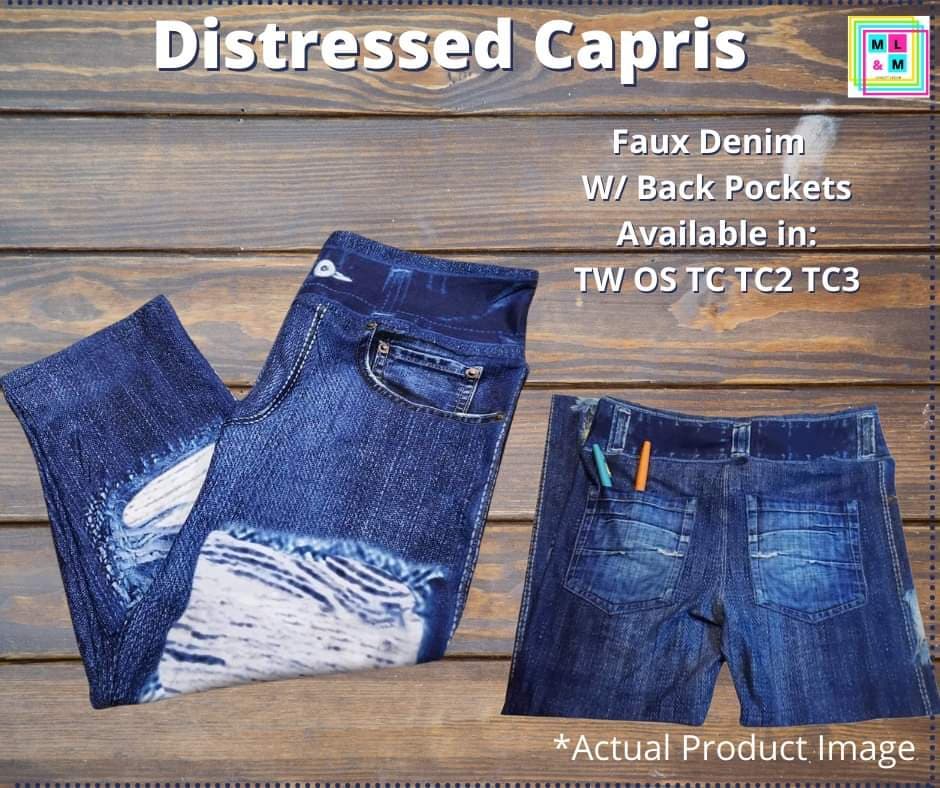 Distressed Faux Denim Capris-LEGGINGS & CAPRIS-Inspired by Justeen-Women's Clothing Boutique in Chicago, Illinois