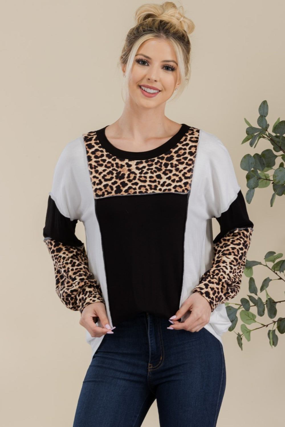 Celeste Full Size Leopard Color Block Exposed Seam T-Shirt-110 Long Sleeve Tops-Inspired by Justeen-Women's Clothing Boutique