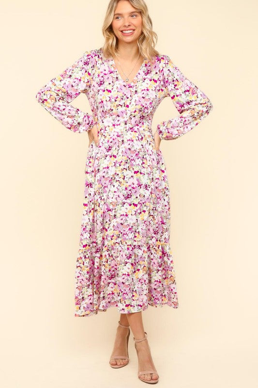 Haptics Full Size Floral V-Neck Long Sleeve Dress with Side Pockets-Dresses-Inspired by Justeen-Women's Clothing Boutique