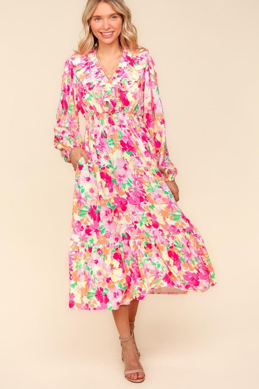 Haptics Full Size Floral Surplice Balloon Sleeve Dress with Side Pockets-Dresses-Inspired by Justeen-Women's Clothing Boutique