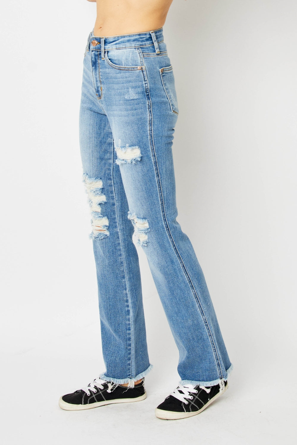 Judy Blue Full Size Distressed Raw Hem Bootcut Jeans-Denim-Inspired by Justeen-Women's Clothing Boutique in Chicago, Illinois