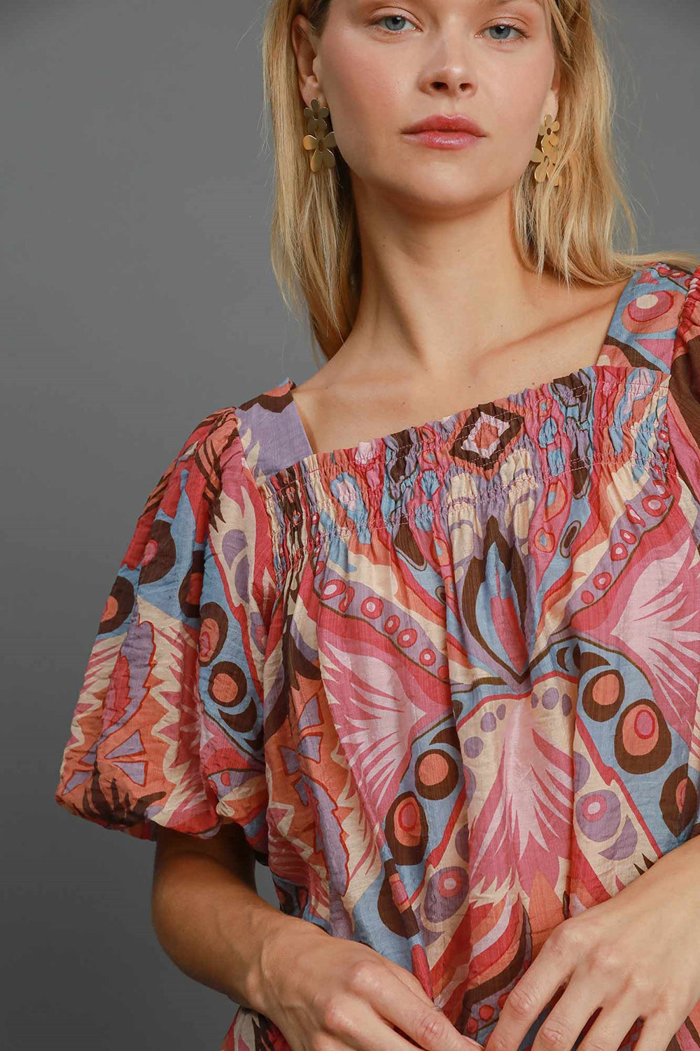 Umgee Full Size Abstract Print Smocked Square Neck Puff Sleeve Blouse-100 Short Sleeve Tops-Inspired by Justeen-Women's Clothing Boutique